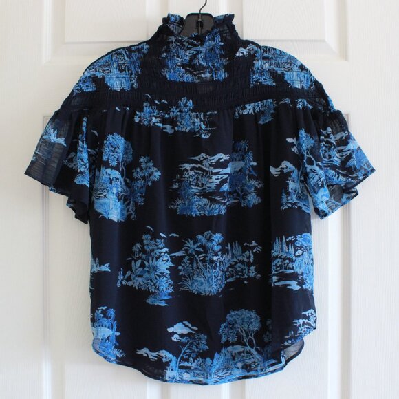 Ann Taylor Floral Toile Smocked Yoke Top Navy Blue - Picture 2 of 9